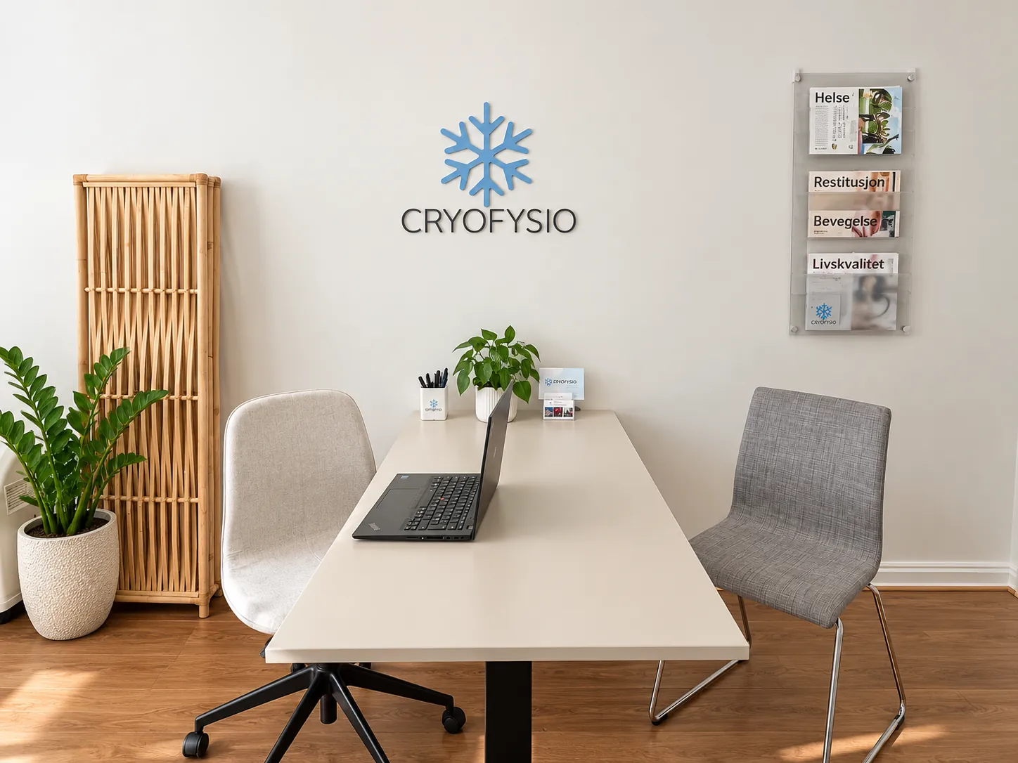Kontoret til CryoFysio med skrivebord, stoler og CryoFysio-logo på veggen
